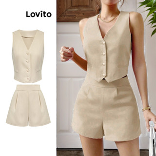 Lovito Tops ou calças femininas elegantes com botão liso e bolso frontal L74ED069