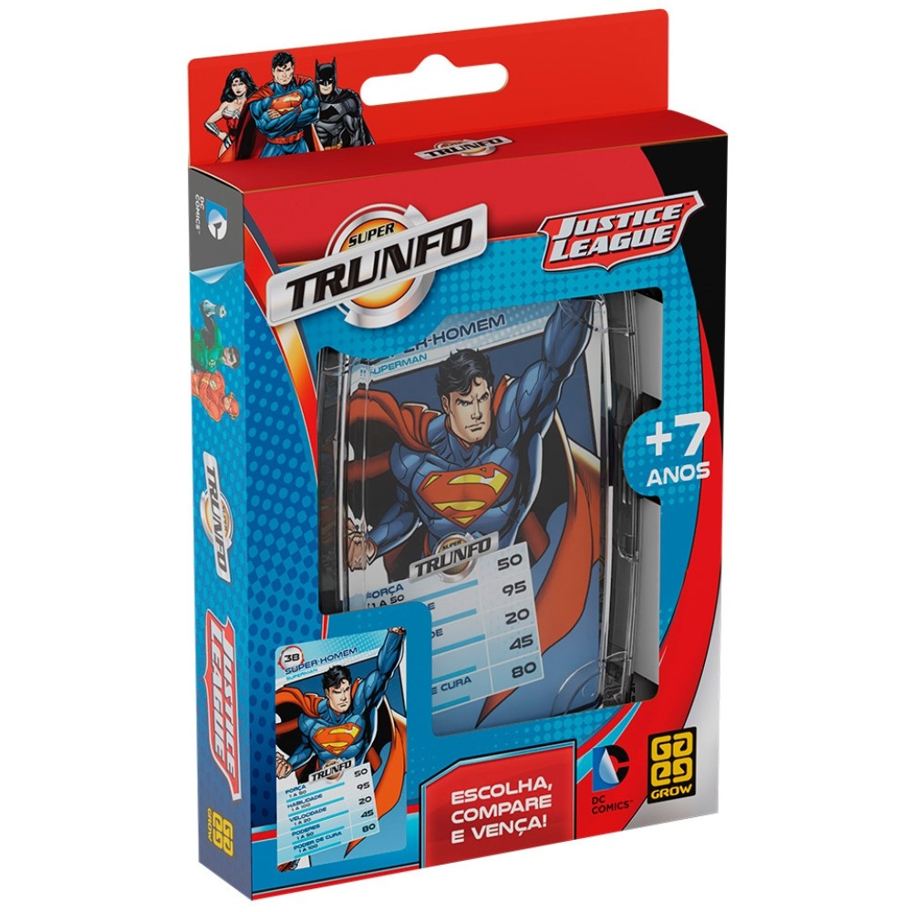 SUPER TRUNFO LIGA DA JUSTIÇA 32 CARTAS GROW HERÓIS SUPERMAN BATMAN AQUAMAN MULHER MARAVILHA FLASH