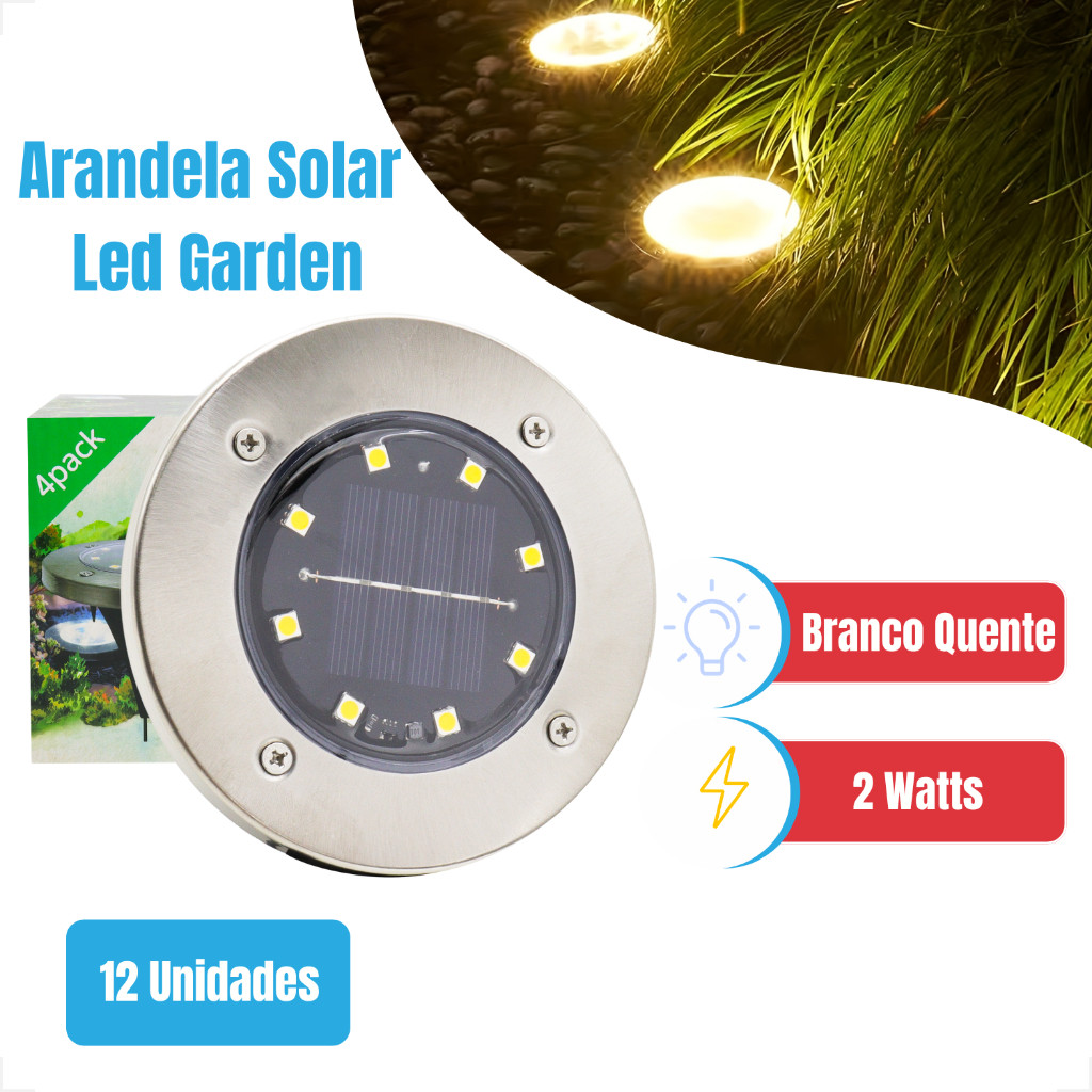 Kit 4-12 Luminária Balizador Led Solar Espeto Branco Quente 3000K Metal Jardim Chão Redondo Chenx