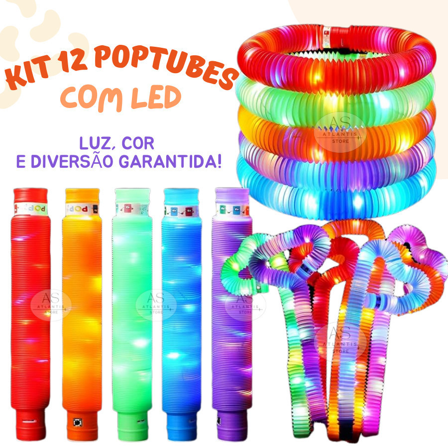 Kit 12 Poptube Com Led Fidget Toy Pop It Divertido Sensorial Brinquedo Festa Presente