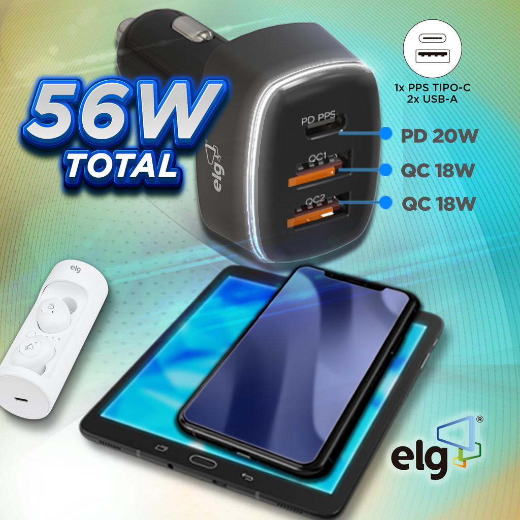 Carregador Veicular, 3 Portas USB, PPS 3.0 + Quick Charge 3.0, 56W, Preto, CC3SPPS, ELG