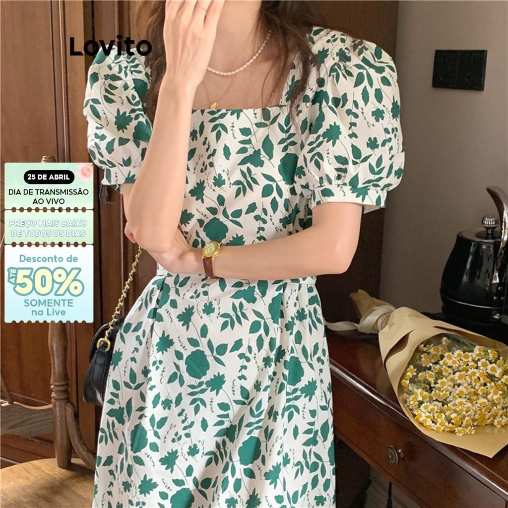 Lovito Vestido Boho Casual com Amarração Floral e Mangas Bufantes para Mulheres LNA05124