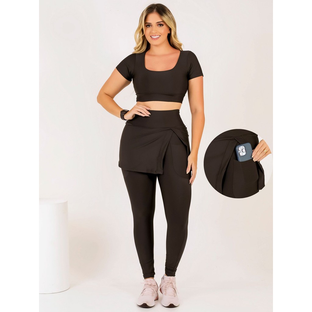 Conjunto Feminino Fitness Calça Saia Legging Com Bolso Top Cropped Moda Evangélica Treino Caminhada Ginástica Corrida em Oferta na Shopee