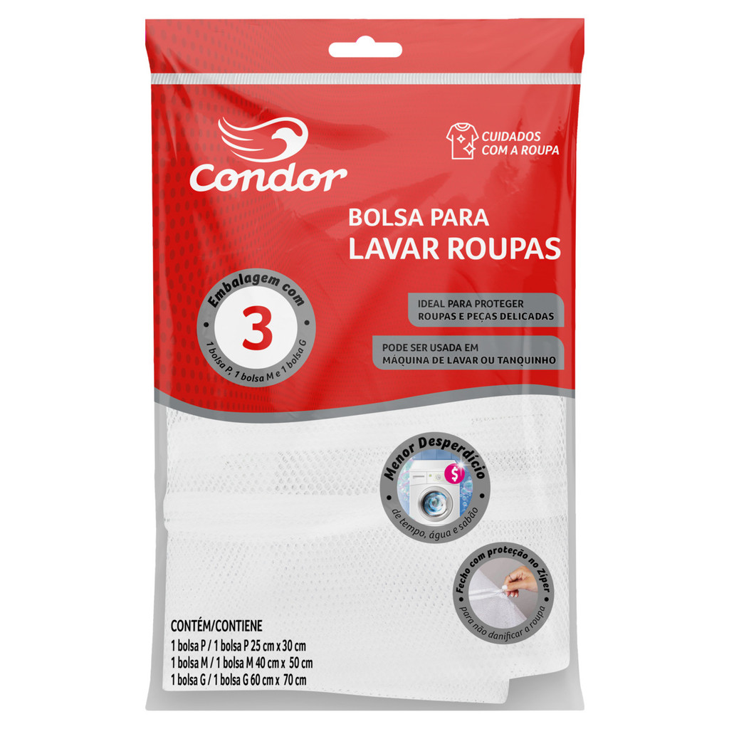 Conjunto Bolsa para Lavar Roupa com Zíper Condor 3 Unidades - Home & Living