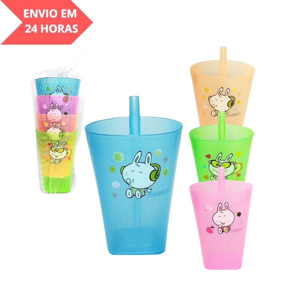 COPO COM CANUDO DE PLASTICO TRANSLUCIDO COLORS HABIT 4 PECAS 240ML