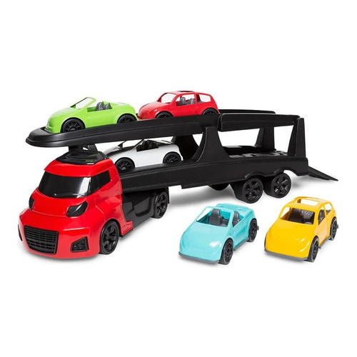 Caminhão Transporte De Carros com Blocos, Formas Geométricas e Caçamba Articulada, com 5 carrinhos