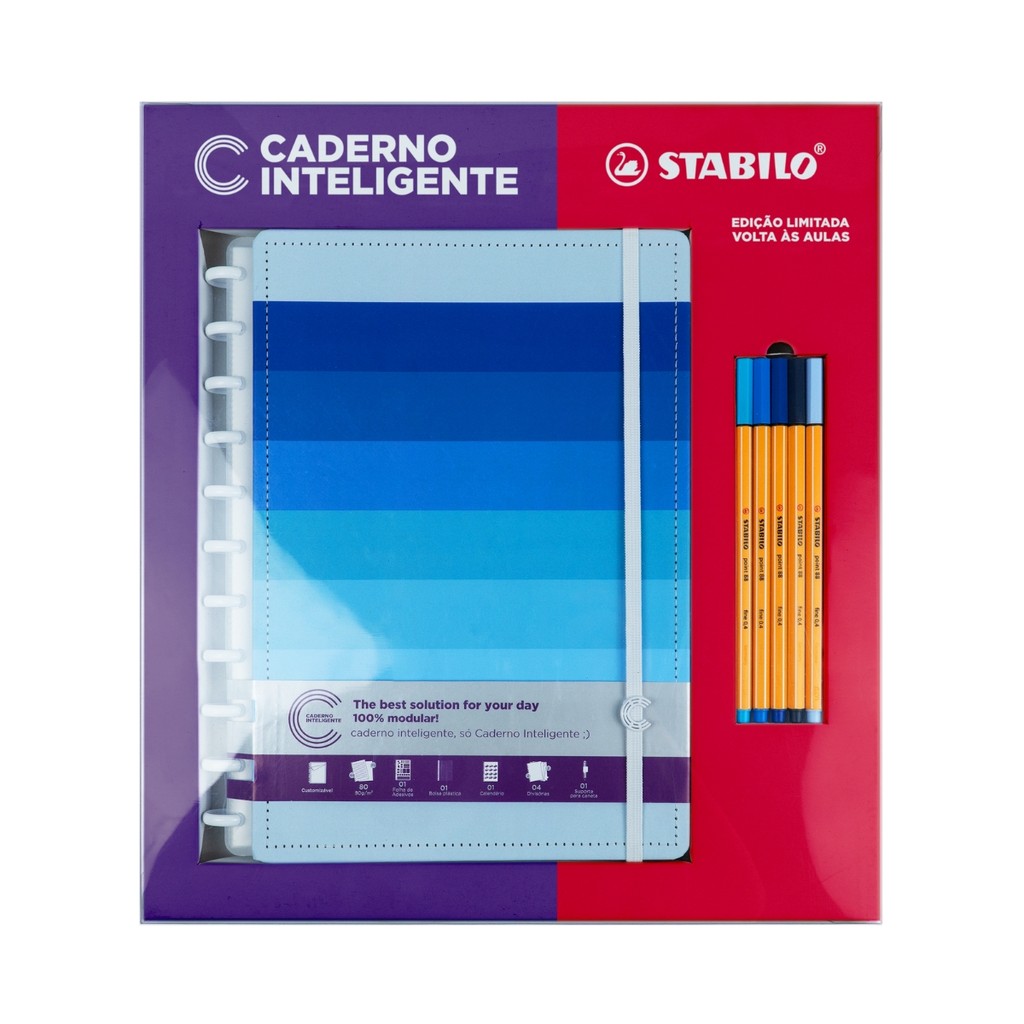 Combo Caderno Inteligente Grande + Estojos Stabilo Shades of Blue – Discos, 80 folhas, 5 canetas - Stationery