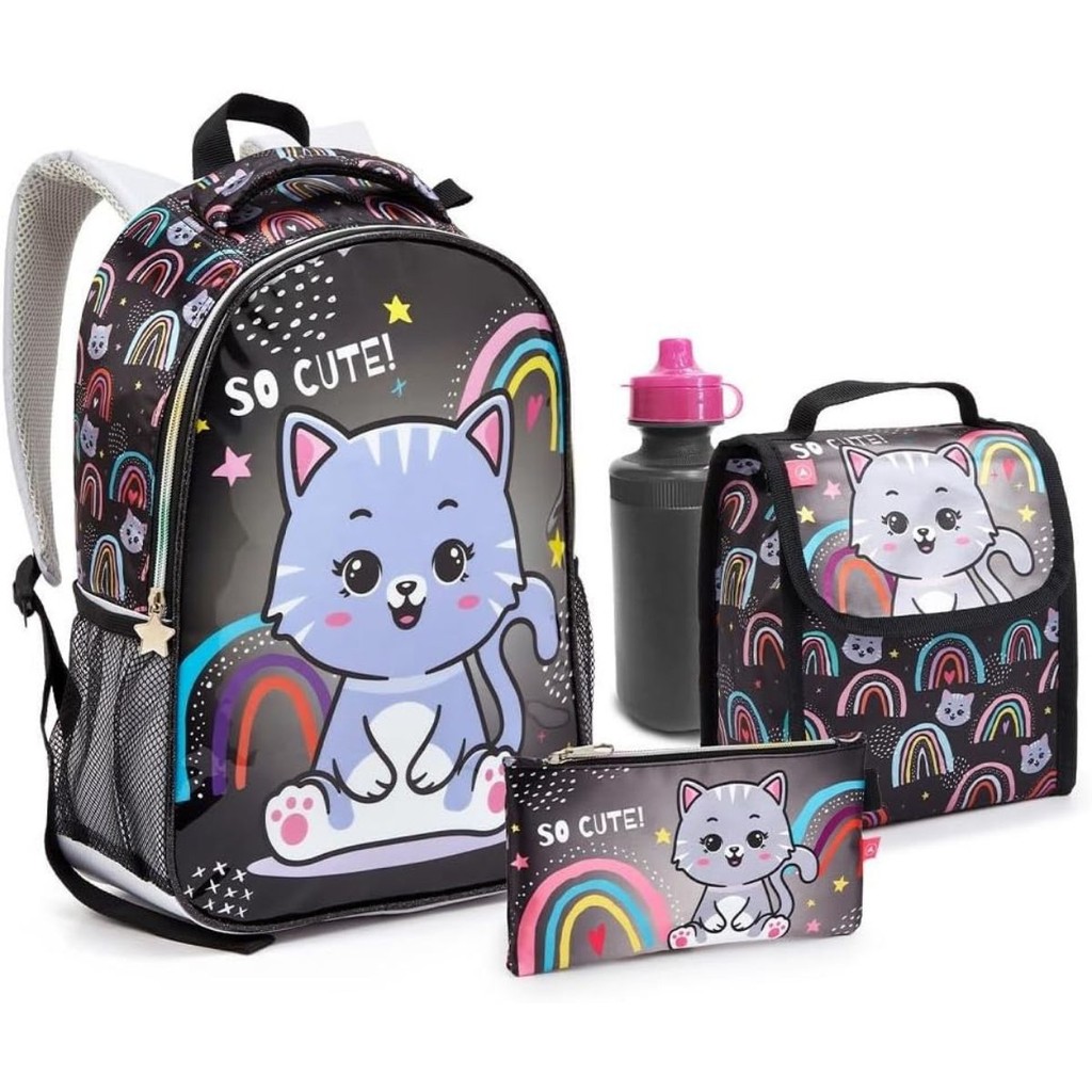 Kit Mochila Costas Lancheira Estojo Garrafa Escolar Gatinho