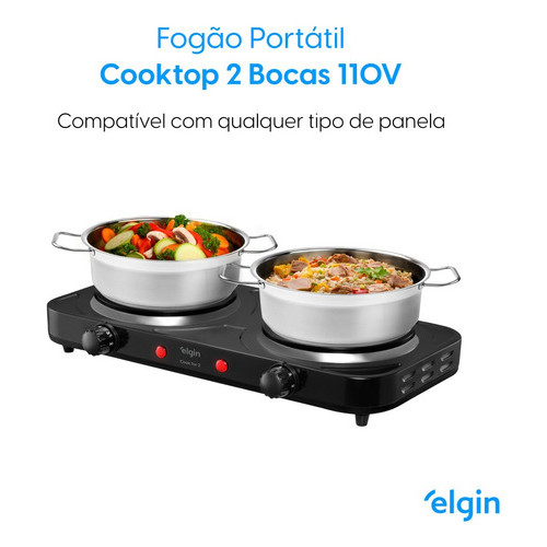 Fogão Cooktop Elétrico Portátil 2 Bocas Elgin 2000W com Vidro Temperado FG02 para Cozinha e Camping