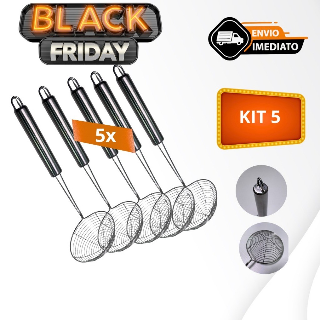Kit 5 Escumadeira Fritura Aramado Batata 33cm Inox Batata Pastel Resistente