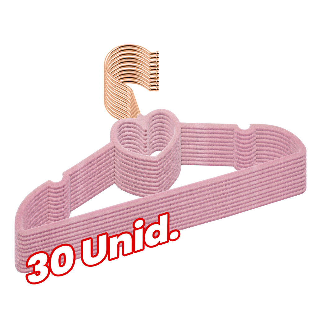Kit 30 Cabides Veludo Rosa Gancho Rose Infantil 28cm Coração