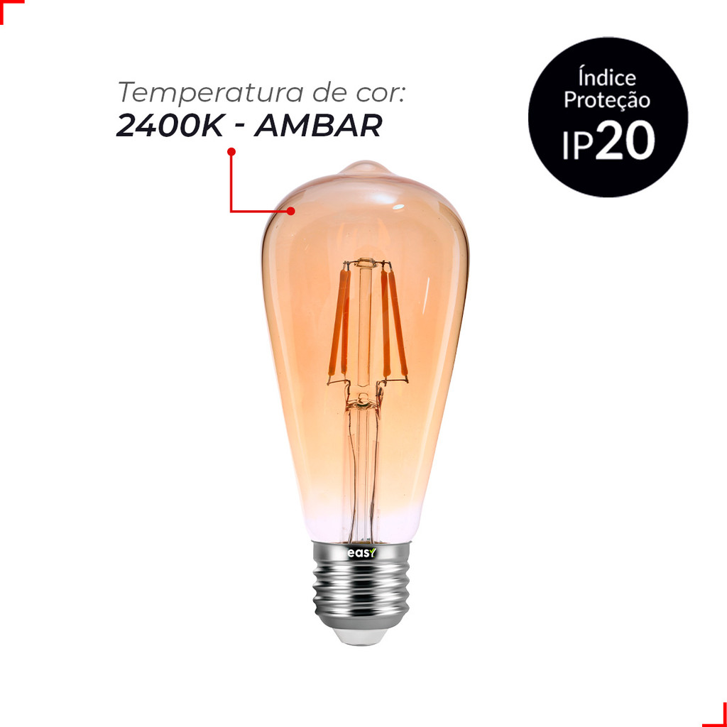 Detalhes do Kit 4 Lampadas Led ST64 Ambar 8w 2400k E27 110v/220v Easy