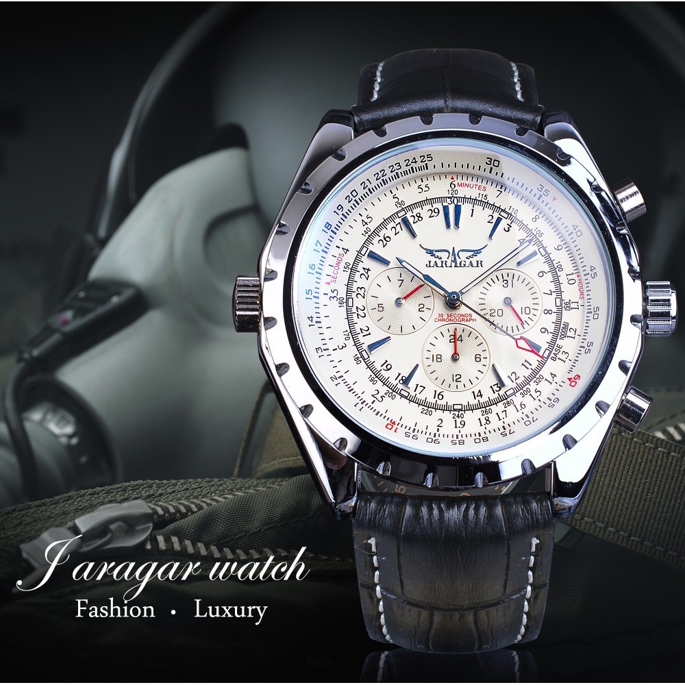 Detalhes do Jaragar estilo europeu americano masculino moda Casual mecânico multifuncional vidro azul relógio mecânico automático