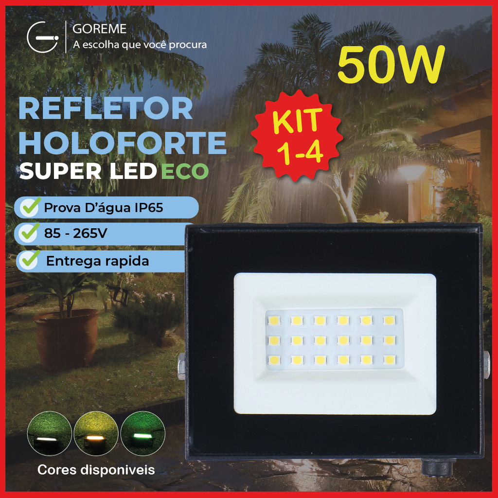 Holofote Refletor Led ECO Pro 50W Branco Frio 6500K  Branco Quente Verde| IP65 | Luz Econômica | Para Jardim em Oferta na Shopee