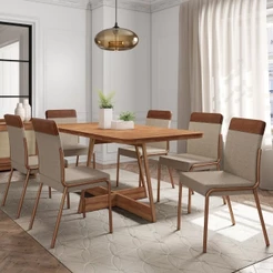 Conjunto Sala de Jantar Paris 6 Cadeiras Carraro Areia/Rose/Nogal