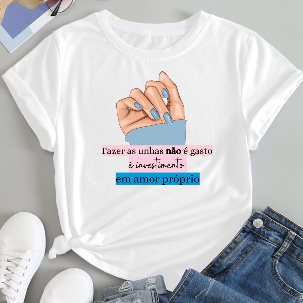Camiseta Blusa T Shirt Feminina Estampada Manicure Unhas Nail Designer Profissão Várias Frases