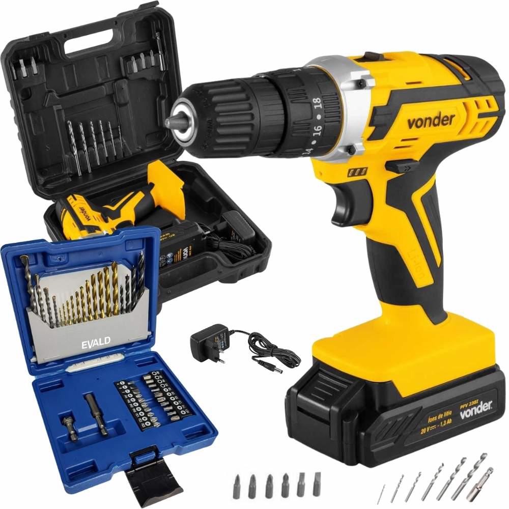Parafusadeira Impacto 20V com Bateria Carregador PFV238I VONDER e Estojo Brocas Pontas 41 Peças EVALD - Home & Living
