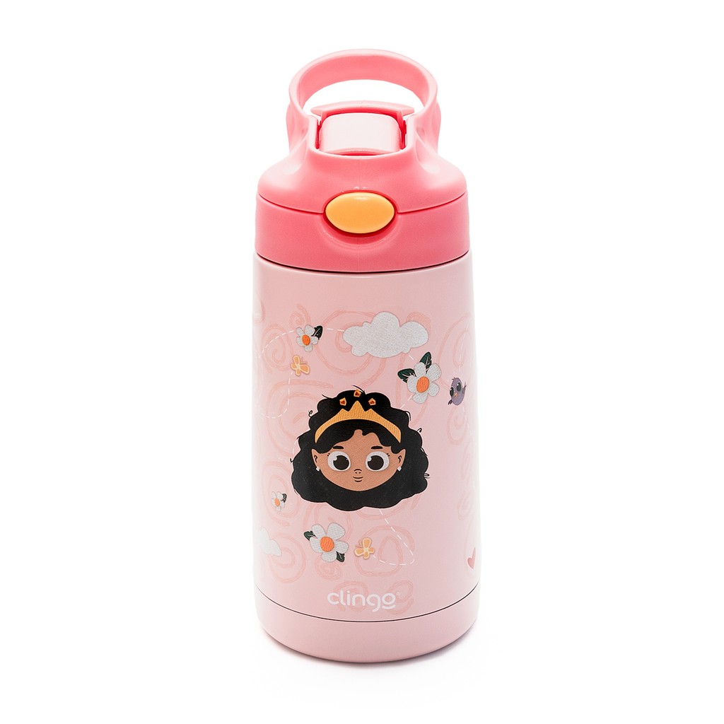 Copo Garrafa Térmica Infantil Rosa Inox Com Canudo Princesa