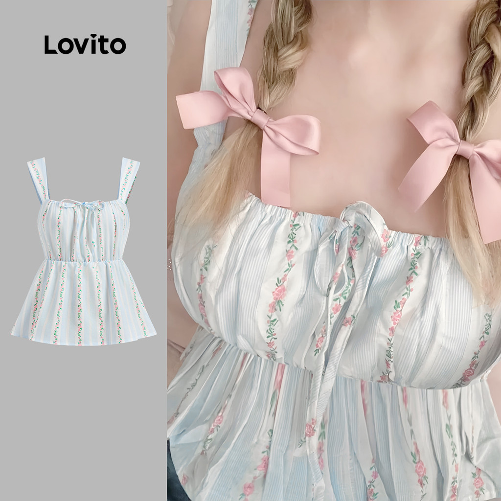 Lovito Top Casual Ditsy Floral Drapeado Babado Bainha Arco Verão/Primavera Regata Feminina L129AD1044 em Oferta na Shopee