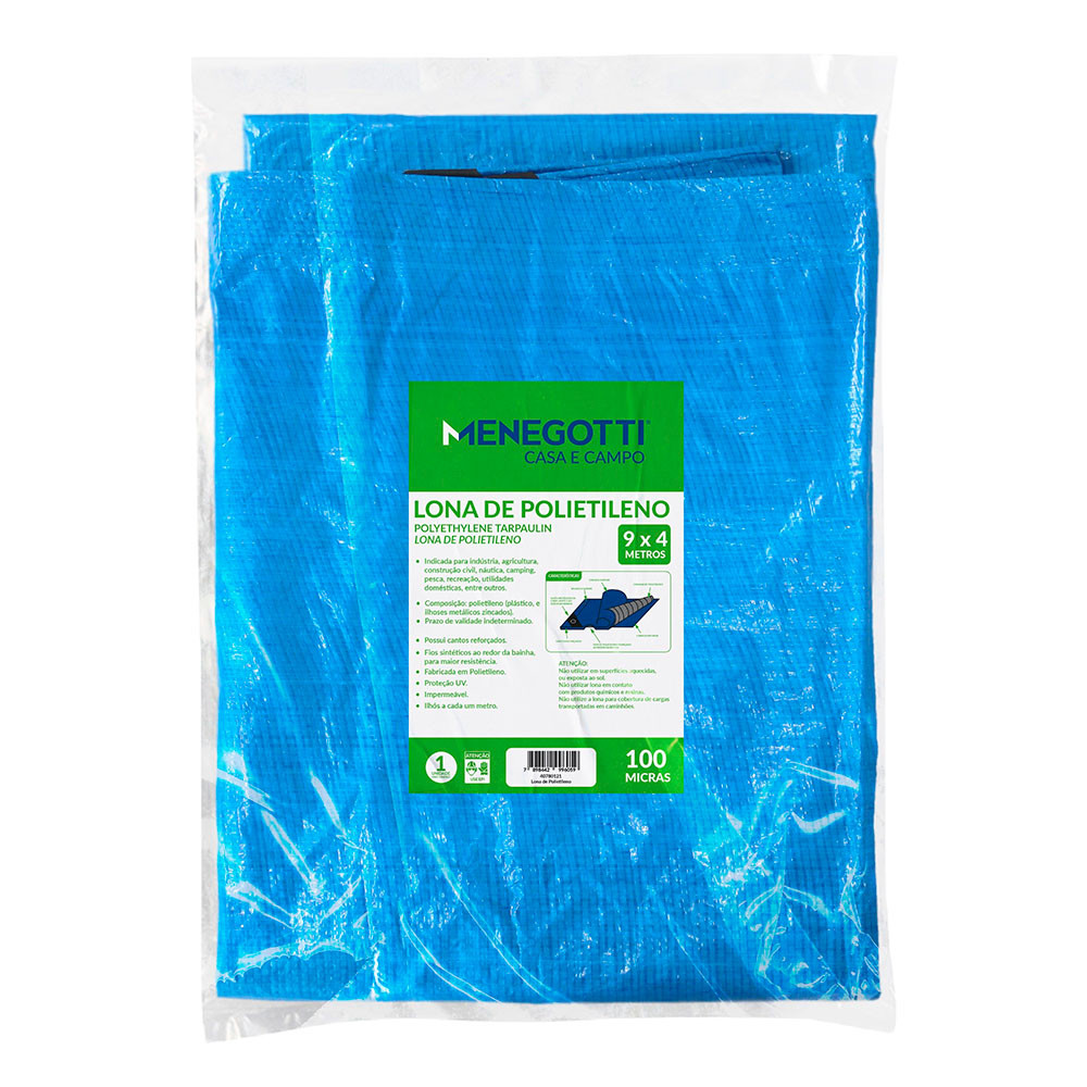 Lona de Polietileno Menegotti 9x4m 100 Micras Azul com Proteção UV – 2,570kg