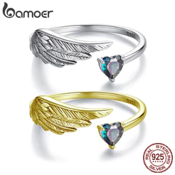 Bamoer 925 Sterling Sliver Anel Aberto Asa Coração Moda Joias Presentes Para Mulheres