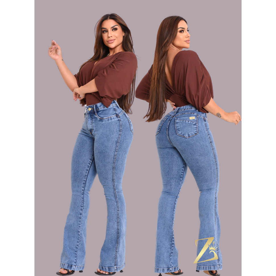 Calca Jeans Feminina Flare Boca de Sino com Elastano Elegante em Oferta na Shopee