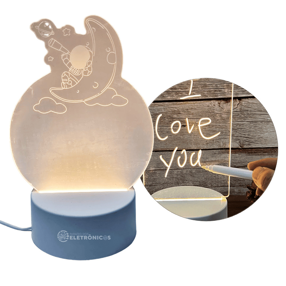 Luminária USB 3D Tipo Lousa Lua Astronauta Para Recados e Mensagens Em Acrílico Com Caneta Mágica KL1518