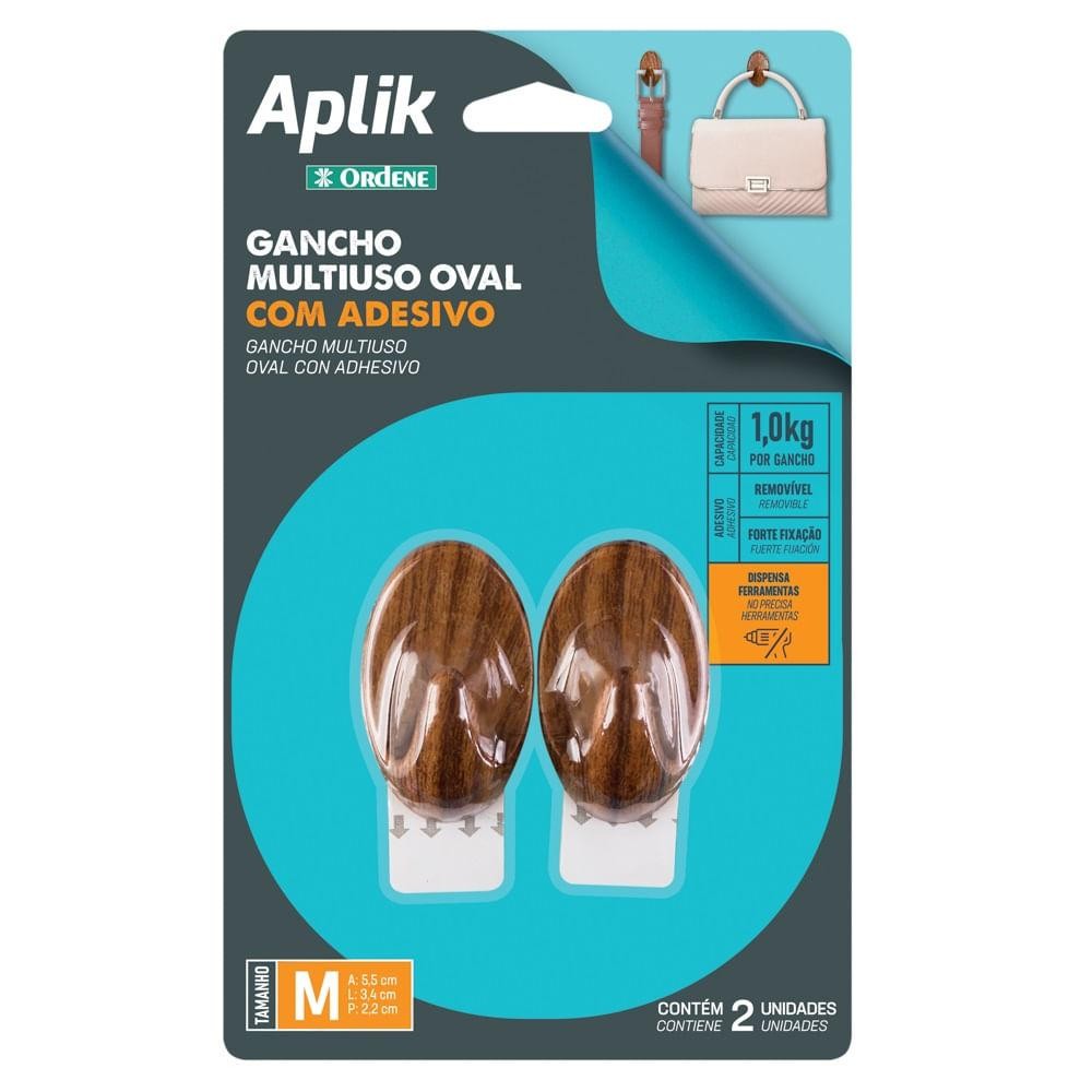 Gancho Adesivo Plástico Oval Médio Madeira Aplik Ordene 2 Peças - Home & Living