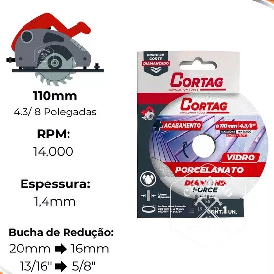 Disco Corte Diamantado Porcelanato Vidro 110mm Cortag