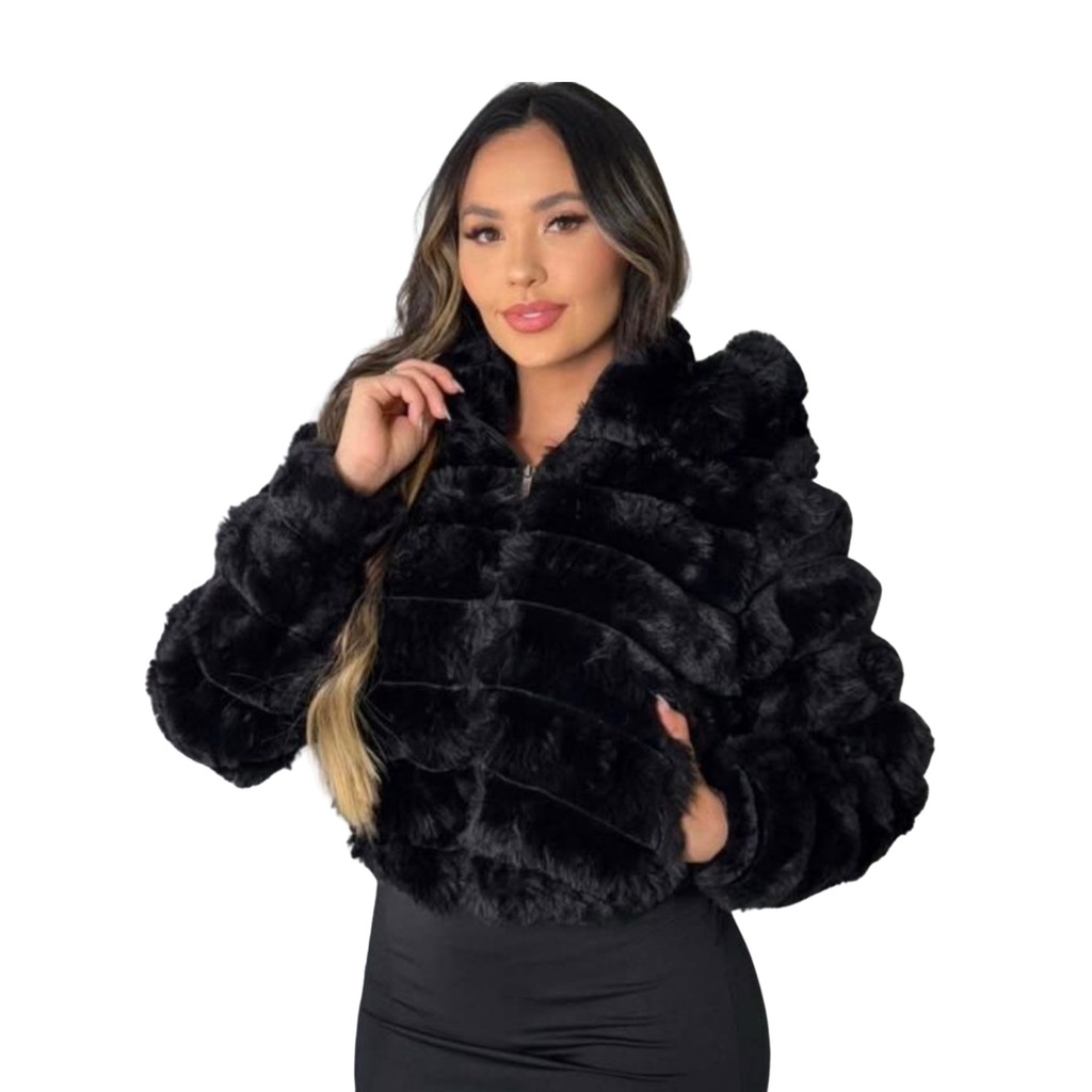 Jaqueta Puffer Feminina Peluciada Inverno Teddy com Capuz