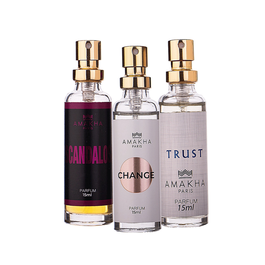 Kit Com 3 Perfumes De Bolso 15ml - Change, Escandalosa e Trust | Amakha Paris