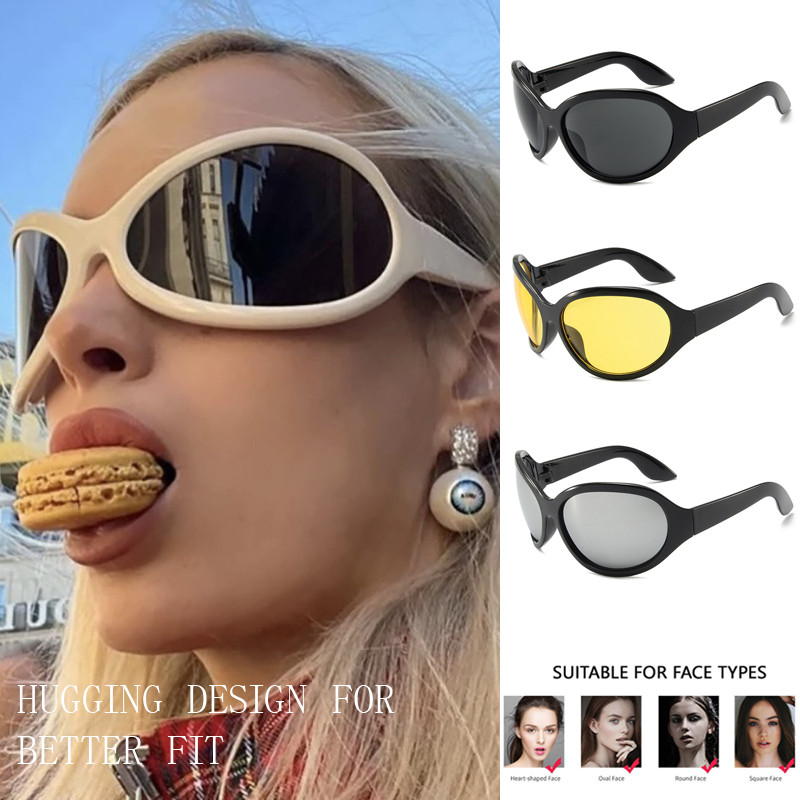 Oversized Y2K Óculos De Sol Feminino Senhora Na Moda Quadro Vintage Envoltório Em Torno De Futurista Punk Prata Tons