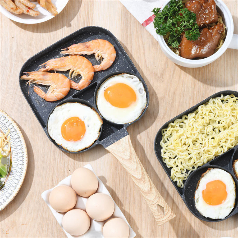 Frigideira Antiaderente 4 Partes Hambúrguer Ovo Alça Madeira - KL-718 --ch