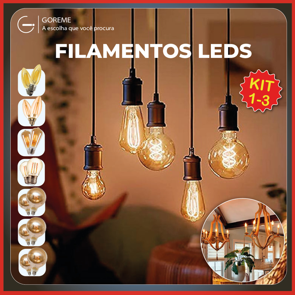 Kit 3 Lâmpada Filamento Vela Led Luz Quente C35 G80 G95 G125 G45 ST64 Ambar Retro Vintage 110V-220V Bivolt - Home & Living