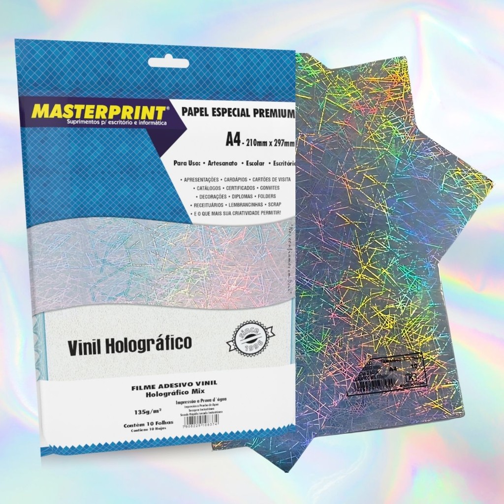 Adesivo Vinil Holográfico Mix A4 135g 10fls a Prova D'água Masterprint Impressora Jato de Tinta