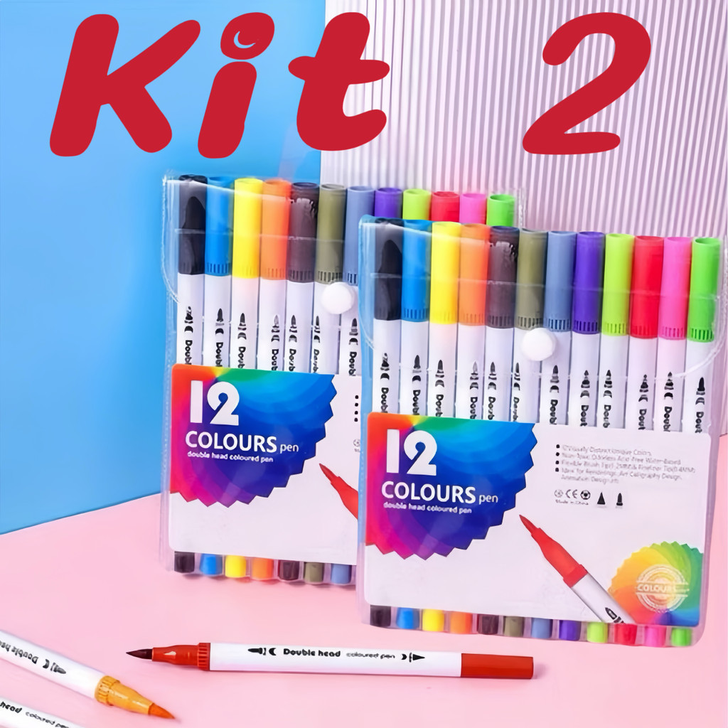 Kit 2 12 Cores Caneta Brush Ponta Pincel Lettering Duas Pontas alex