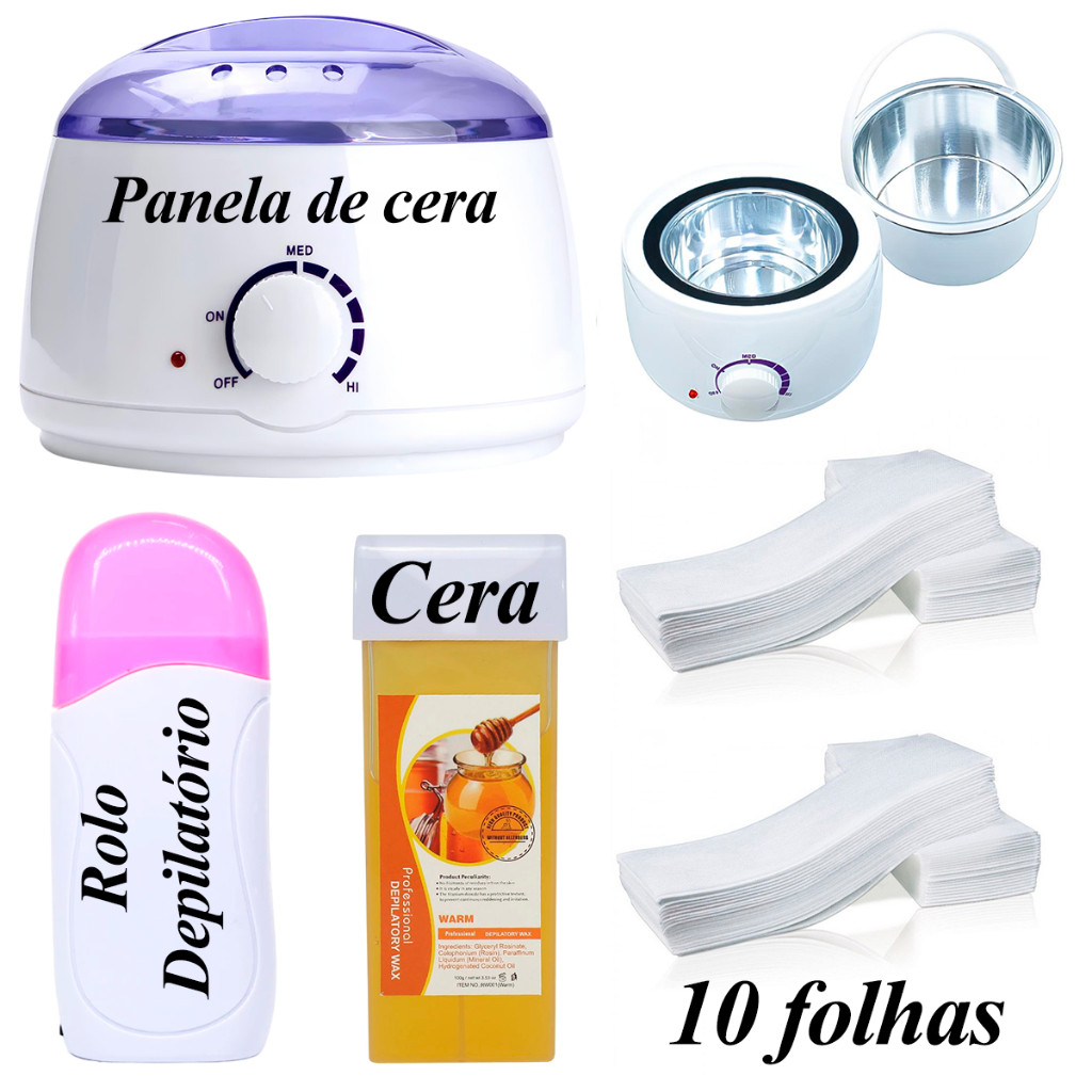 Kit Panela de Cera Quente + Depilador Rollon Aquecedor + Refil de Cera + Folha de Depilação