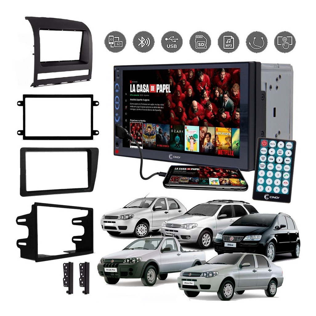 Central Multimídia MP5 2DIN Universal com Kit Moldura Acabamento para Vários Carros