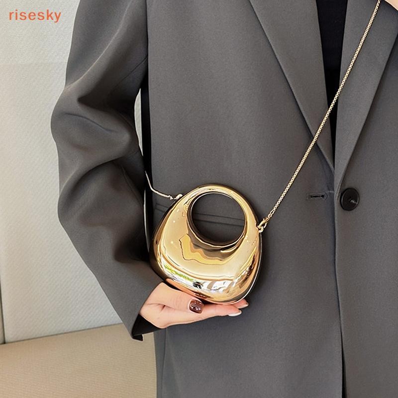 [risesky] Bolsa Feminina Crossbody Com Corrente , Pequena Acrílica Metálica Brilho Meia Lua , Festa , Banquete De Luxo em Oferta na Shopee
