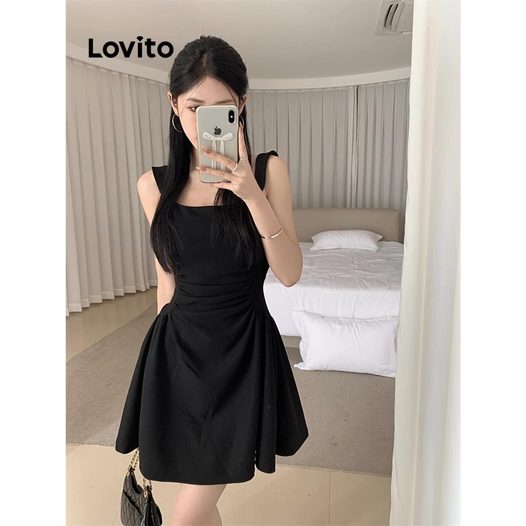 Lovito Vestido Casual Vestido Liso Franzido Para Mulheres LNA57166 - Women Clothes