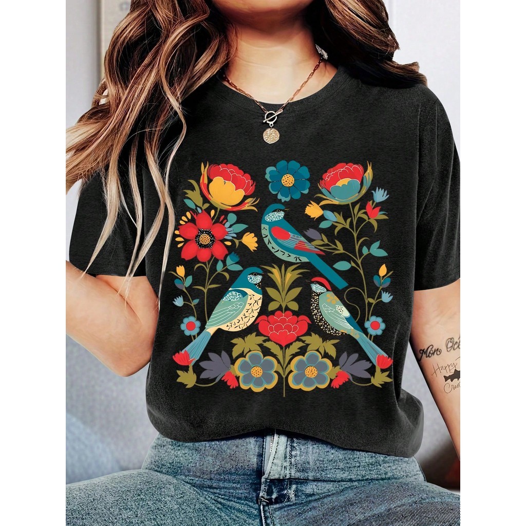 Camiseta Premium Confortavel Flores E Passaros Estampada Unissex Moda Verao Algodao Blusao