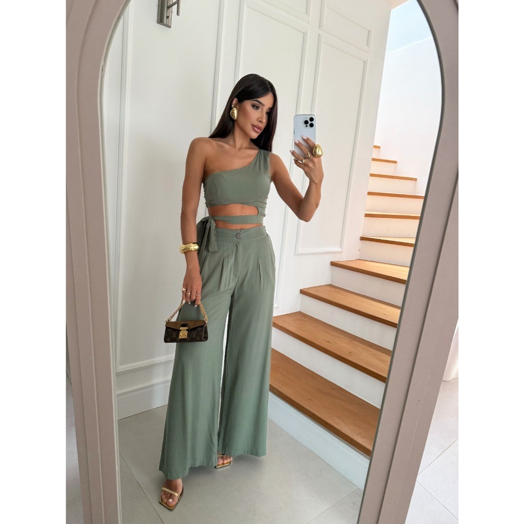 Conjunto Feminino Calça Pantalona C/Cropped Ombro Só Amarração COD:237/052-Liso em Oferta na Shopee