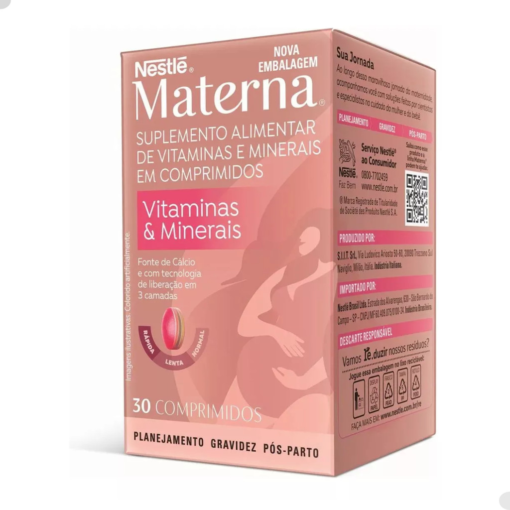 Materna Nestlé 30 Comprimidos Suplemento Vitamínico Gestação Saúde Nutricional Bem Estar Diário