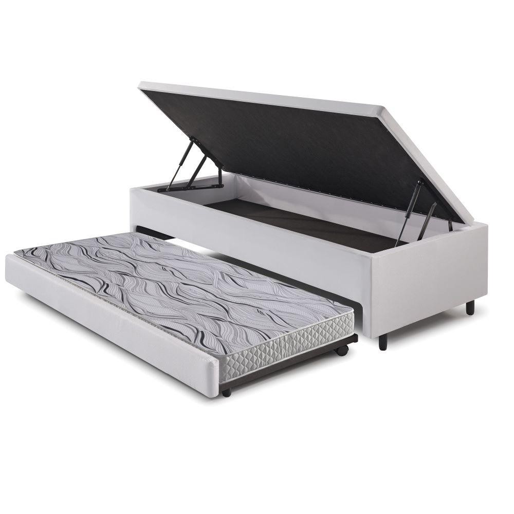 Bicama Box com Baú Solteiro Courino Linho Branco 88x188 com Colchão Auxiliar Ecoflex
