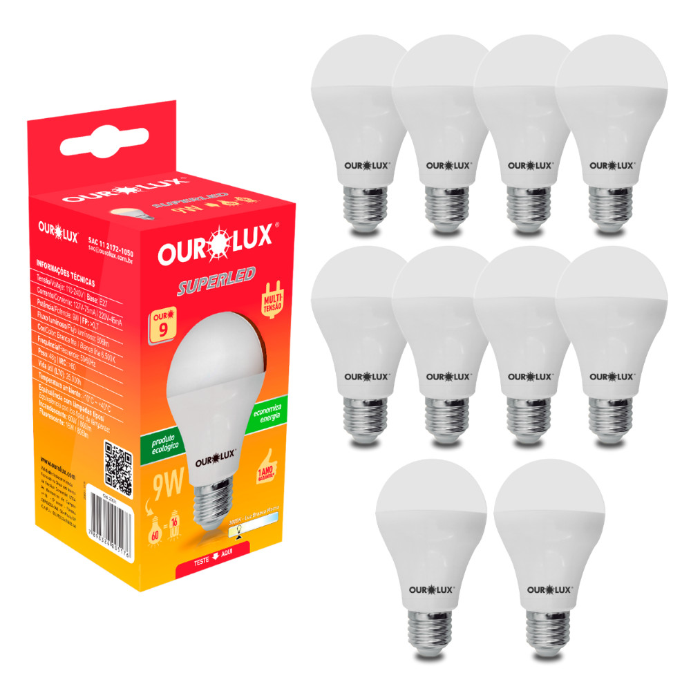 Kit 10 Lâmpadas Led 9w Bulbo E27 3000k Luz Branco Quente 110/220v Bivolt Bocal E27