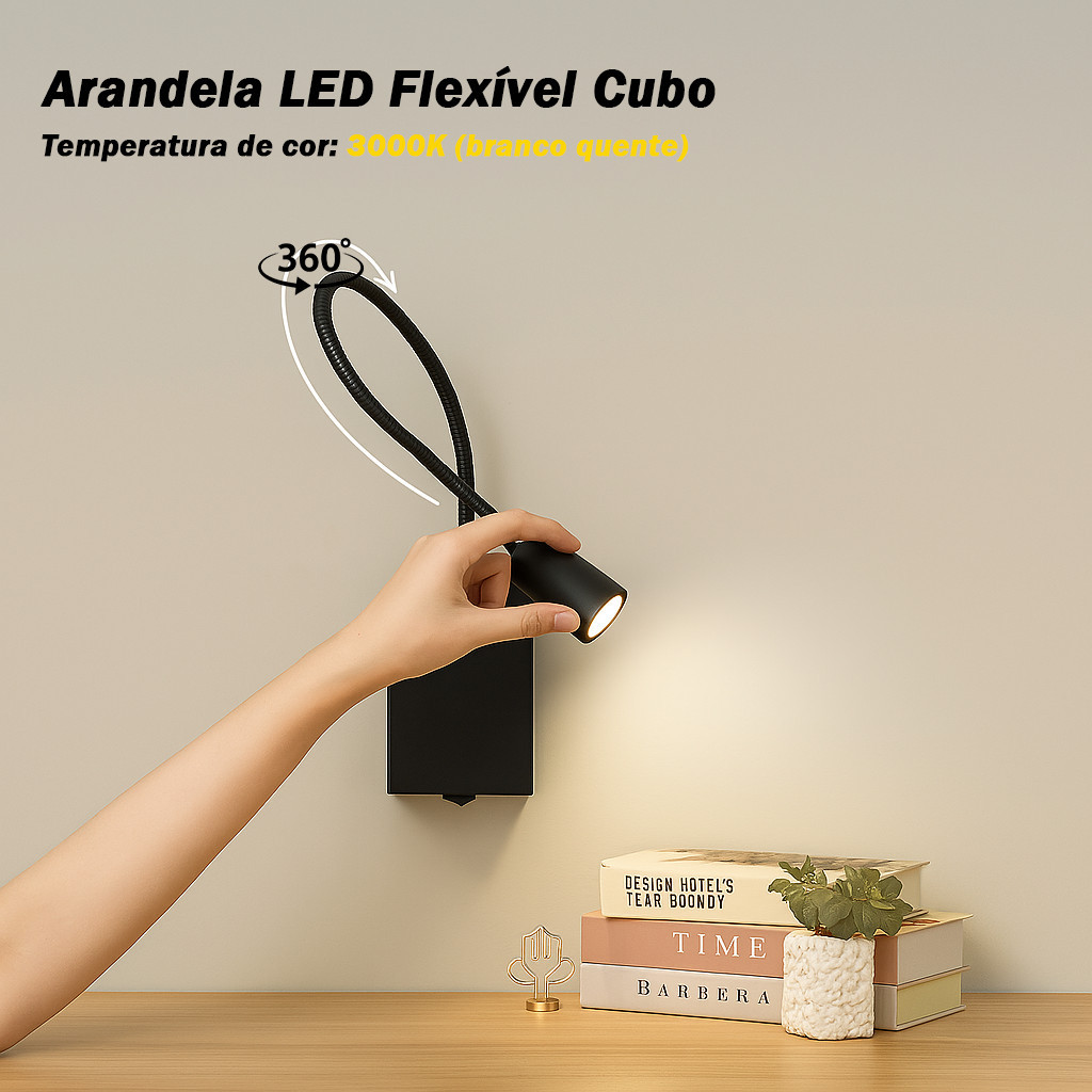 iluminação Arandela LED Flexível Cubo 3W 3000K Leitura Parede Quartos Moderna