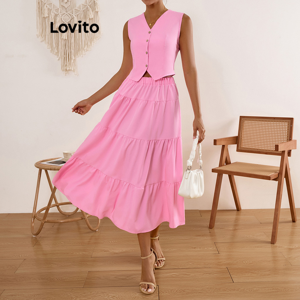 Lovito Tops ou calças femininas elegantes com botão liso frontal em camadas LBL17152
