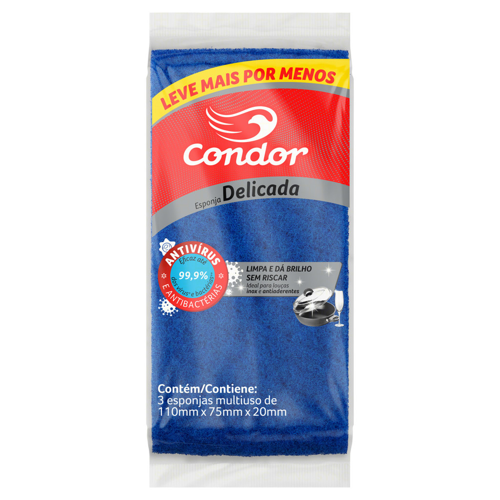 Esponja Azul Limpeza Delicada Condor 3 Unidades - Home & Living