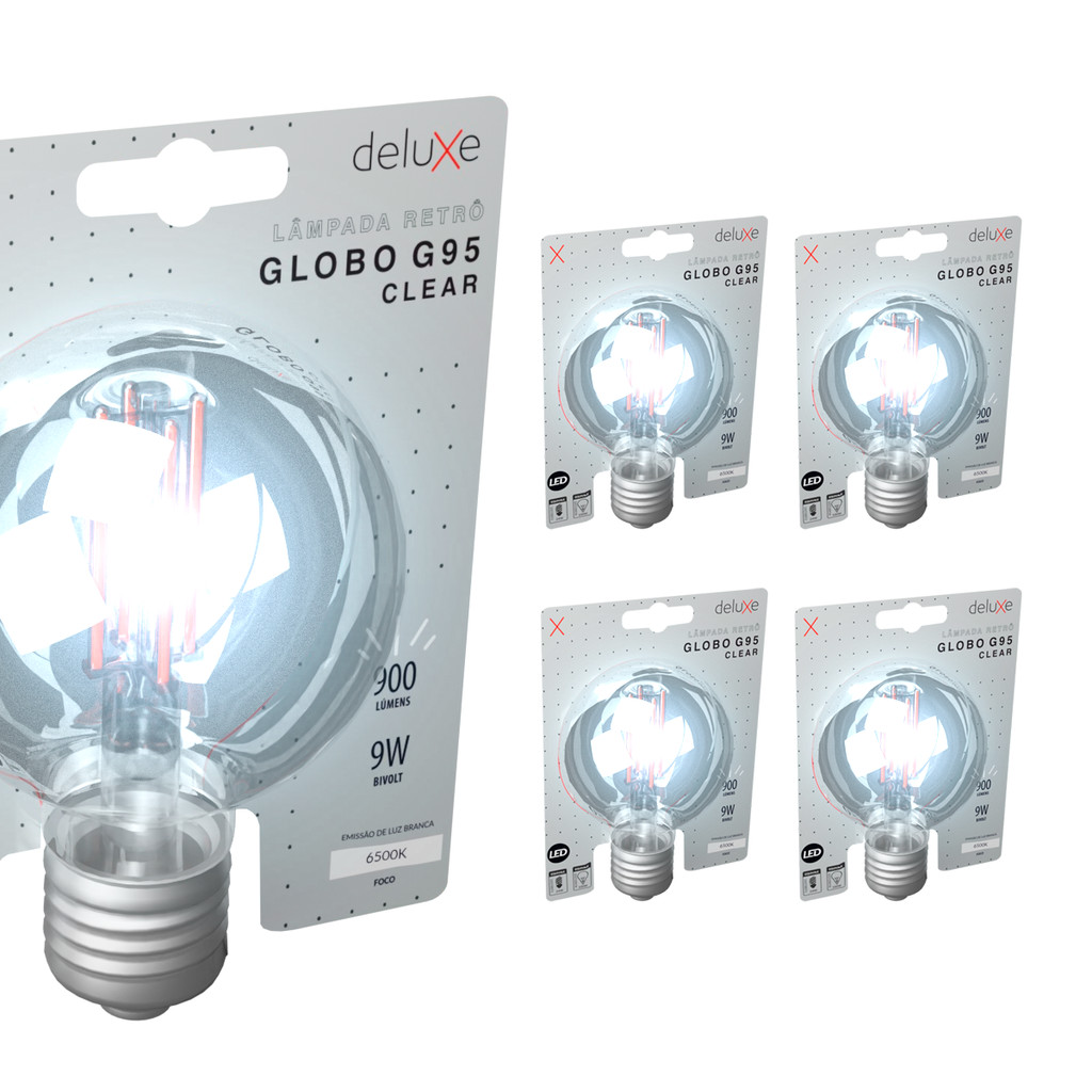 Kit 5 Lampada Led Globo Retro Clear G95 9W 6500K E27 Deluxe