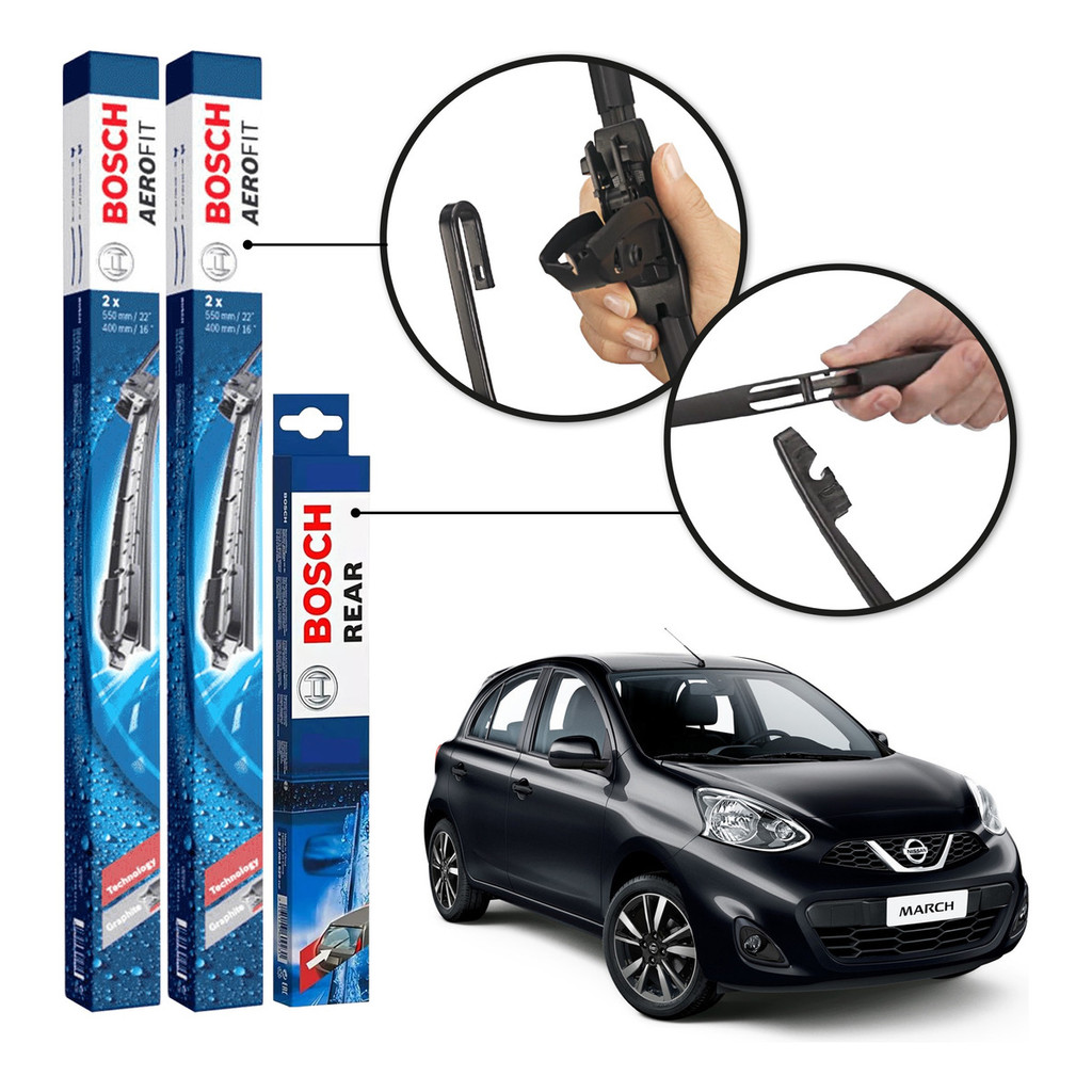 Kit 3 Palhetas Dianteiras Aerofit + Traseira REAR Original Bosch Nissan March 2011 A 2018